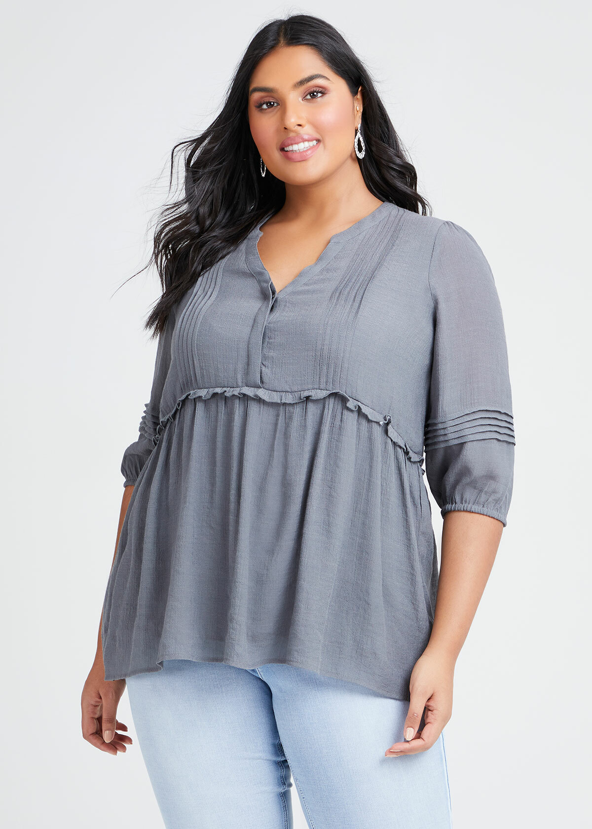 Natural 3/4 Sleeve Pintuck Top