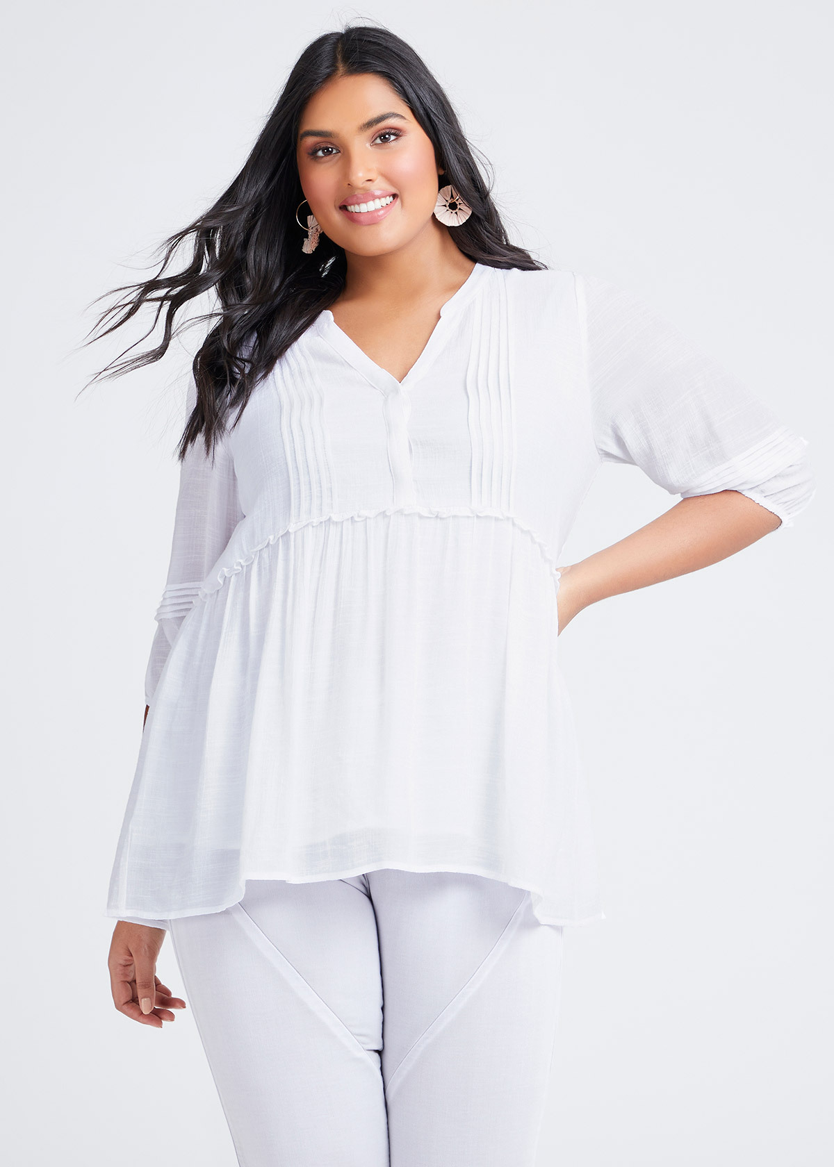 Natural 3/4 Sleeve Pintuck Top